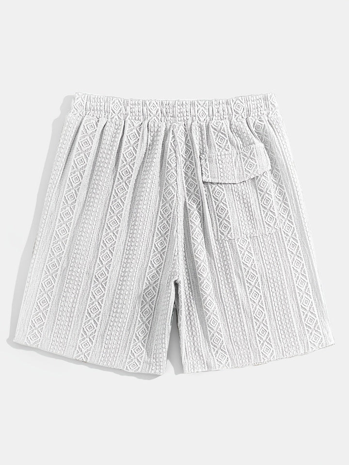 Cotton blend unisex relaxed fit knit lounge shorts, textured diamond design.