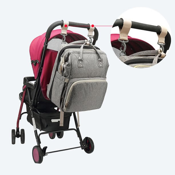 Front view of the stylish unisex diaper backpack, highlighting its accessible pockets & modern design.