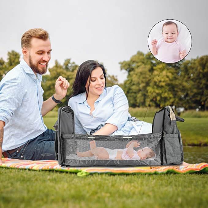 Detailed view of the multi-pocket diaper organizer backpack, perfect for storing all baby essentials neatly.