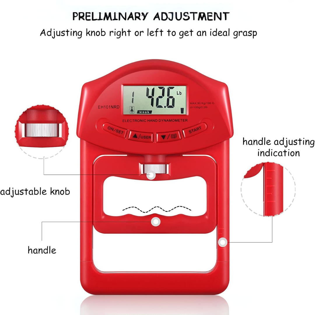 Accurate digital grip strength meter. Measures hand and forearm strength up to 198 lbs for effective training.
