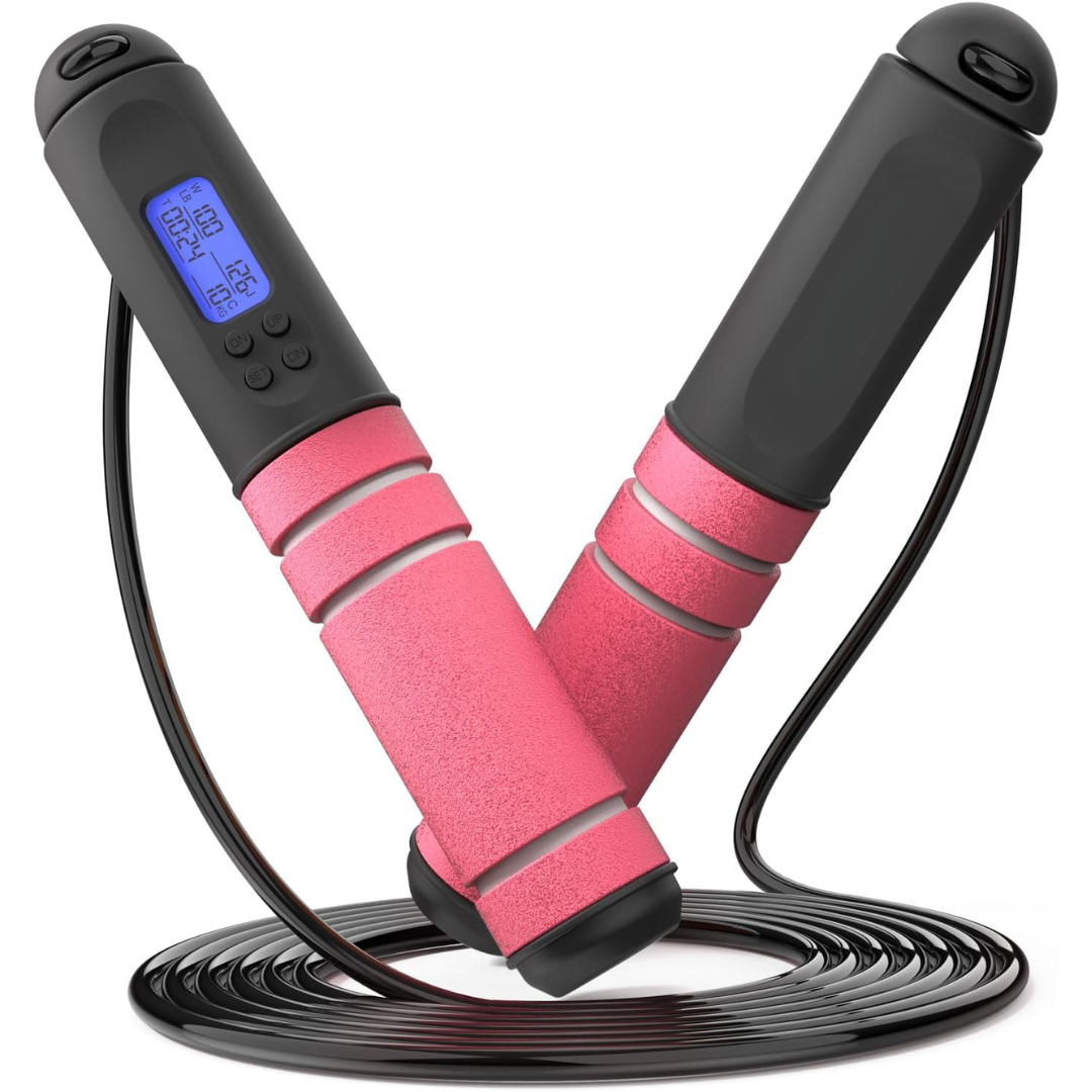 Adjustable speed jump rope, tangle-free design, with digital calorie counter for fitness.