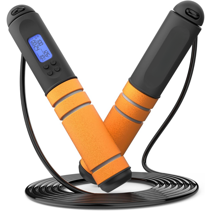 Digital jump rope for cardio exercise, featuring calorie counter & adjustable length.
