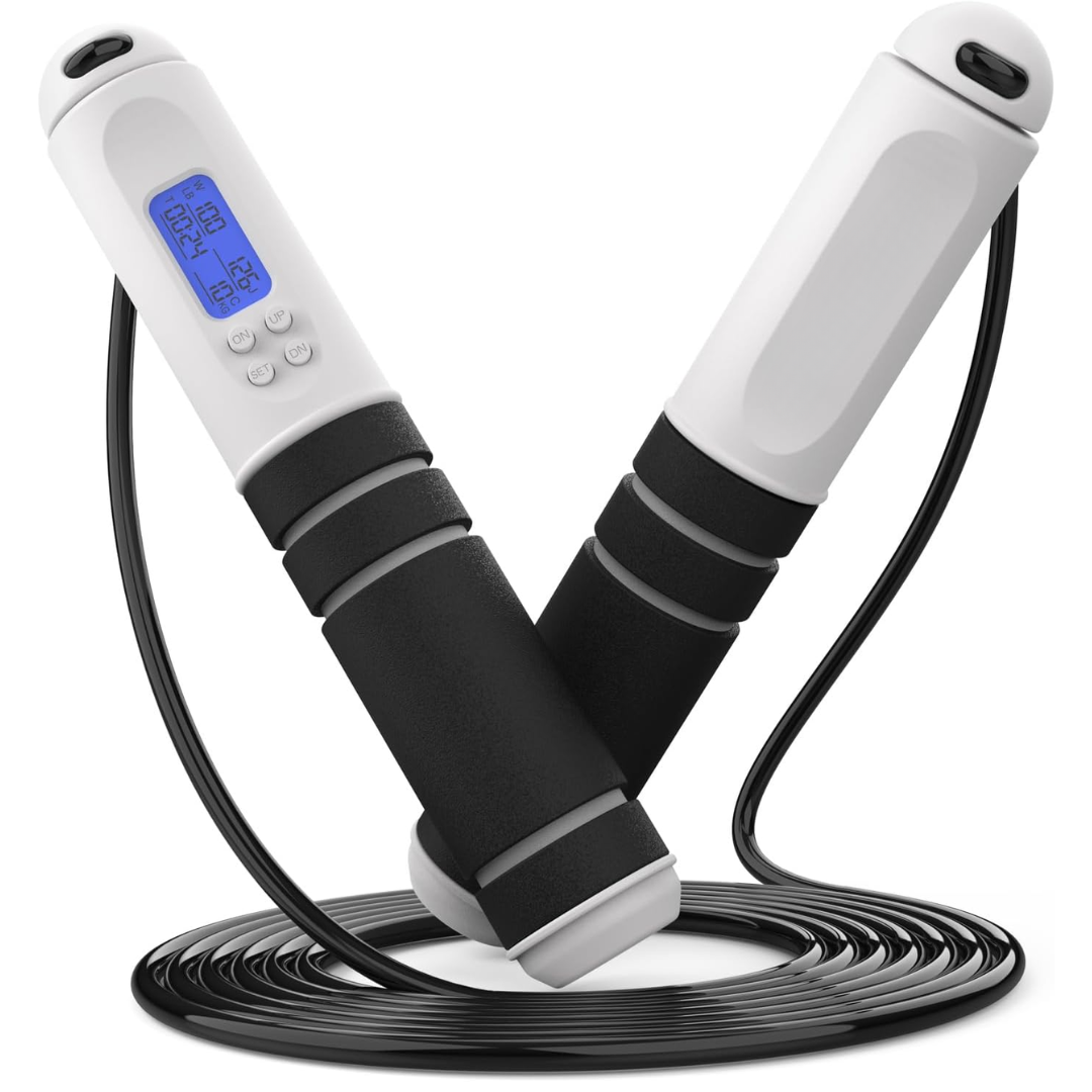 Unisex exercise equipment: digital jump rope with calorie counter for home or gym workouts.