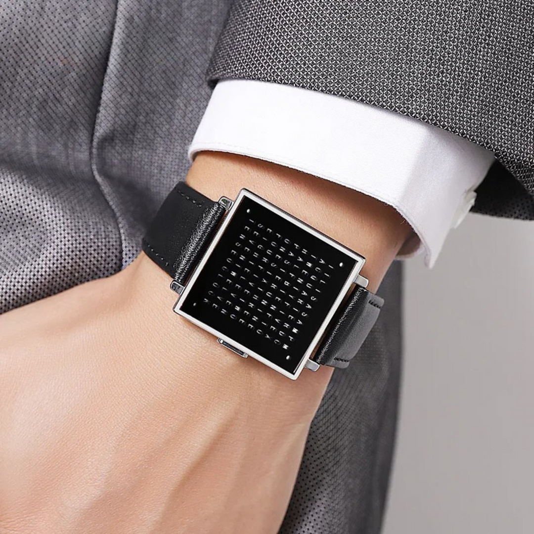 Bold black unisex digital LED word display watch, modern & versatile for any outfit.