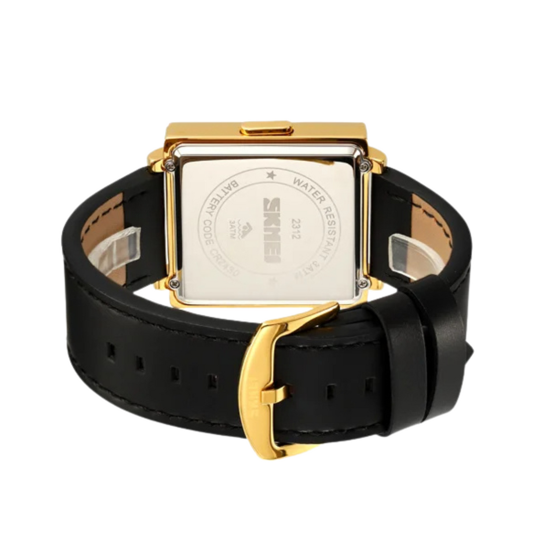 Sleek minimalist unisex watch with black leather strap & vibrant LED digital time display.