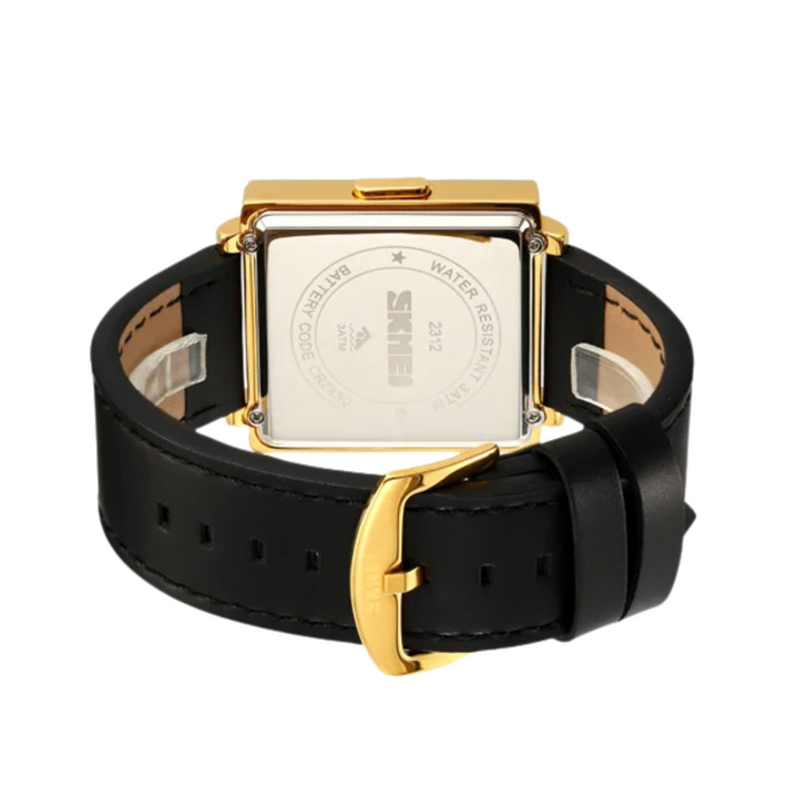 Sleek minimalist unisex watch with black leather strap & vibrant LED digital time display.