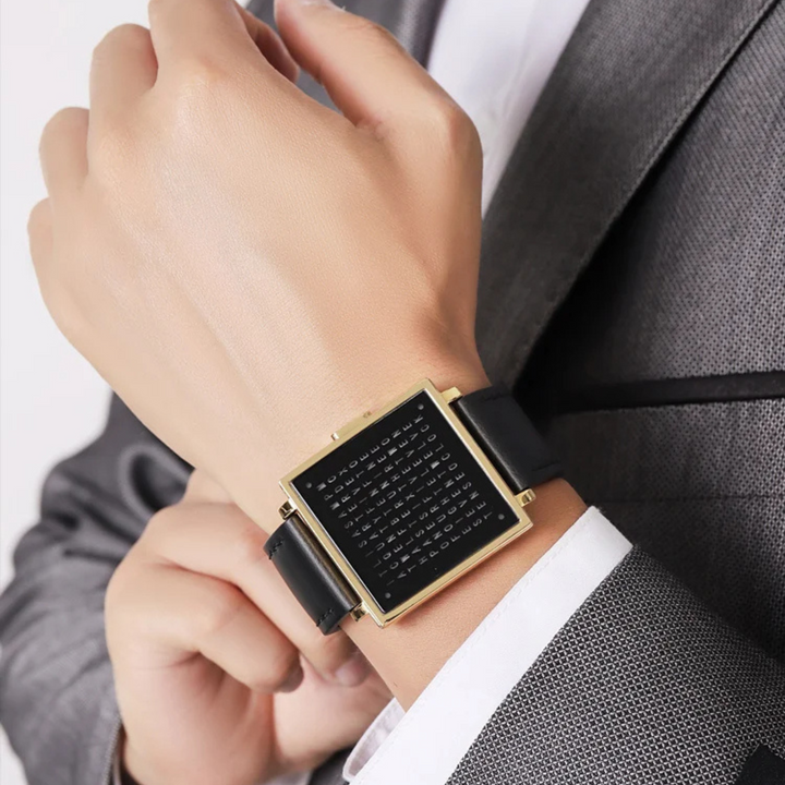 Water-resistant unisex digital watch featuring a unique LED word display, ready for adventure.