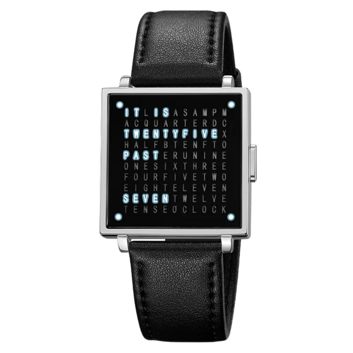 Modern digital watch with a premium black leather strap and distinctive LED time display.