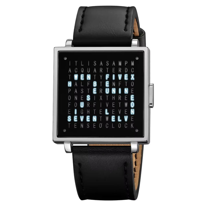 Square-faced unisex digital LED word display watch, a contemporary statement piece.
