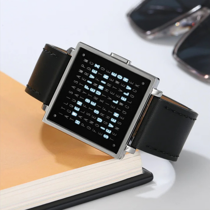 Elegant gold unisex digital LED watch with square display and black leather strap.
