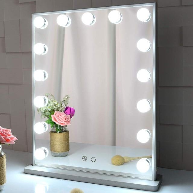 Close-up of dimmable LED makeup mirror lights, showing bright illumination for detailed tasks.