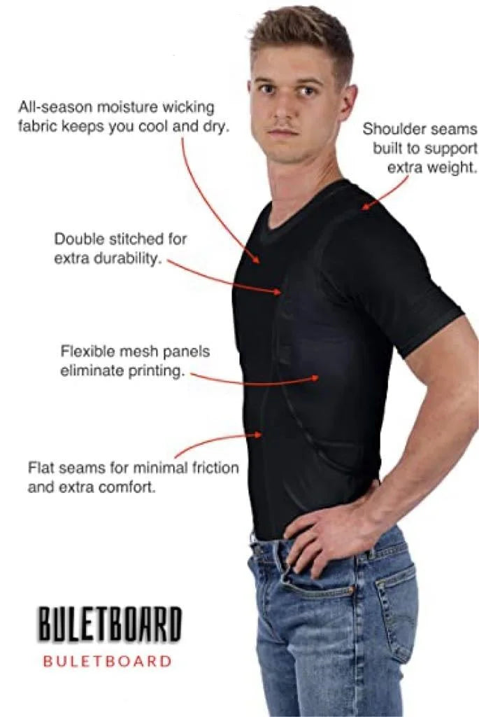 Tactical gear concealed carry t-shirt with integrated holster. Discreet security apparel for men & women.