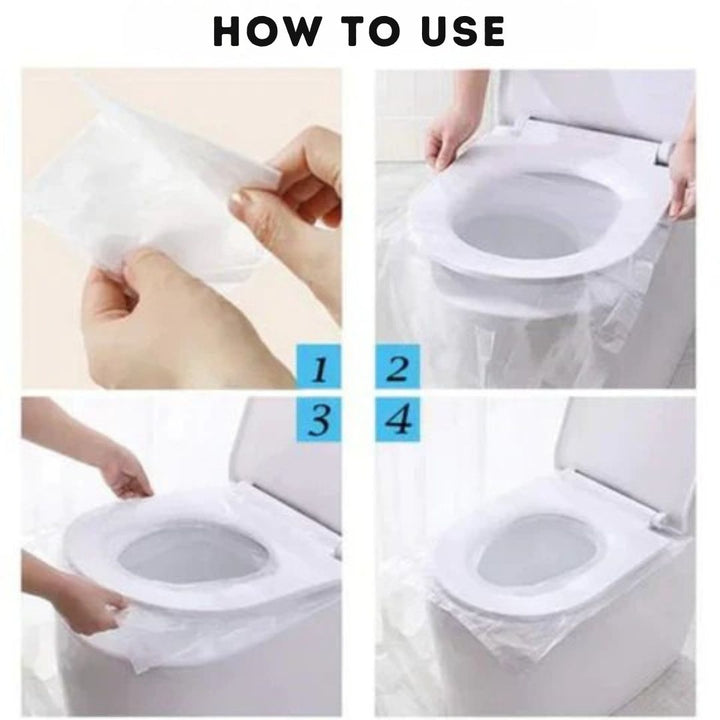 Compactly folded disposable toilet seat covers in a bulk 100-pack, ready for travel & public use.