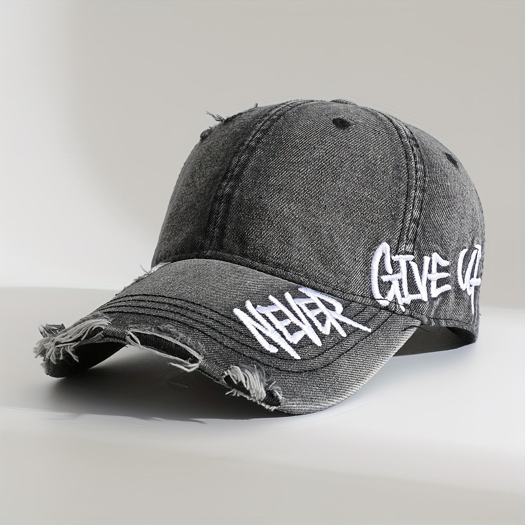 Motivational "Never Give Up" distressed denim cap. Unisex casual baseball hat with graffiti embroidery.