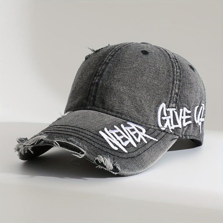 Motivational "Never Give Up" distressed denim cap. Unisex casual baseball hat with graffiti embroidery.