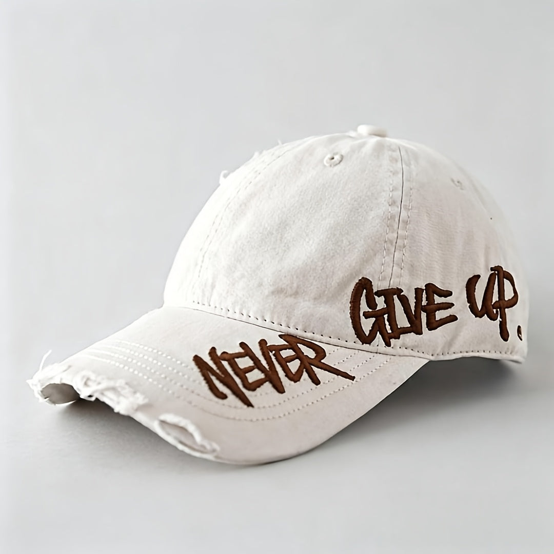 Casual distressed denim hat, unisex, featuring a bold "Never Give Up" embroidered statement. Washed effect.
