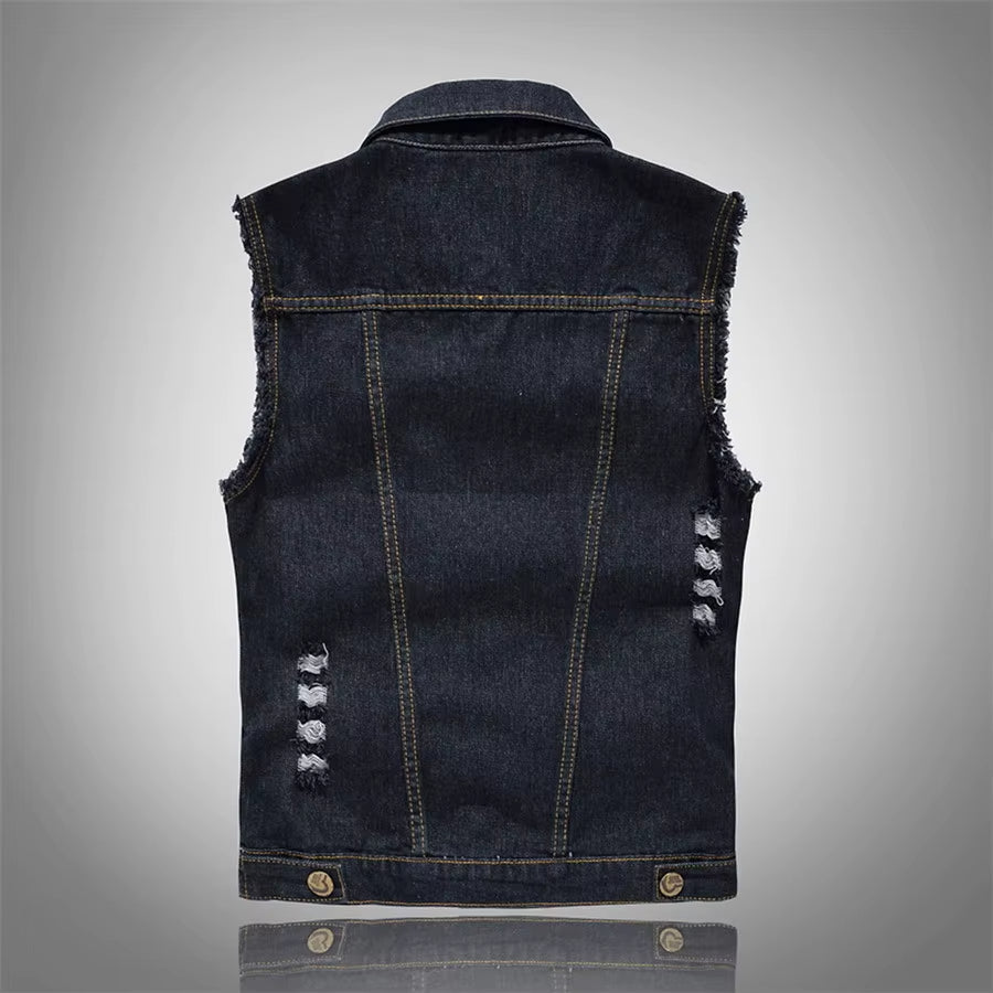 Authentic distressed unisex denim vest, designed for an iconic punk rock and streetwear look.