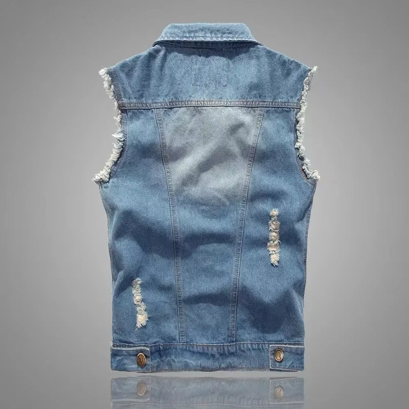 Rugged heavyweight distressed denim vest, a unisex staple for bold punk style and streetwear.