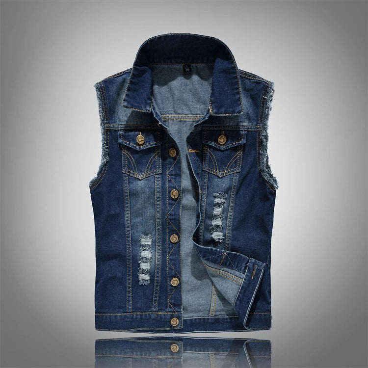 Unisex denim vest featuring strategic distressing, an essential sleeveless outerwear piece for edgy fashion.