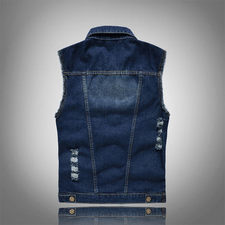 Modern distressed denim vest, unisex design, offering a rebellious touch to any streetwear or rocker ensemble.