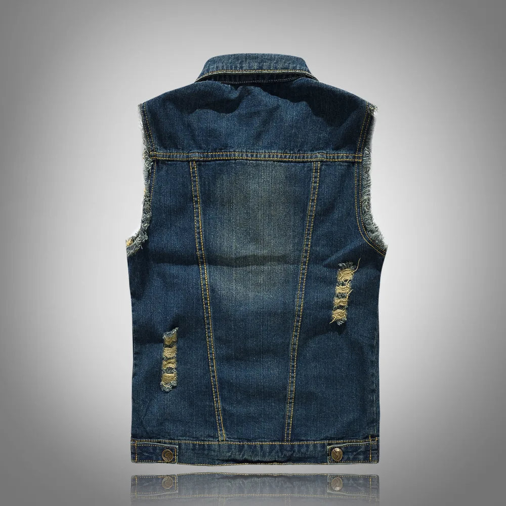 Rugged distressed denim vest, perfect for unisex streetwear and rocker fashion, with unique rips.