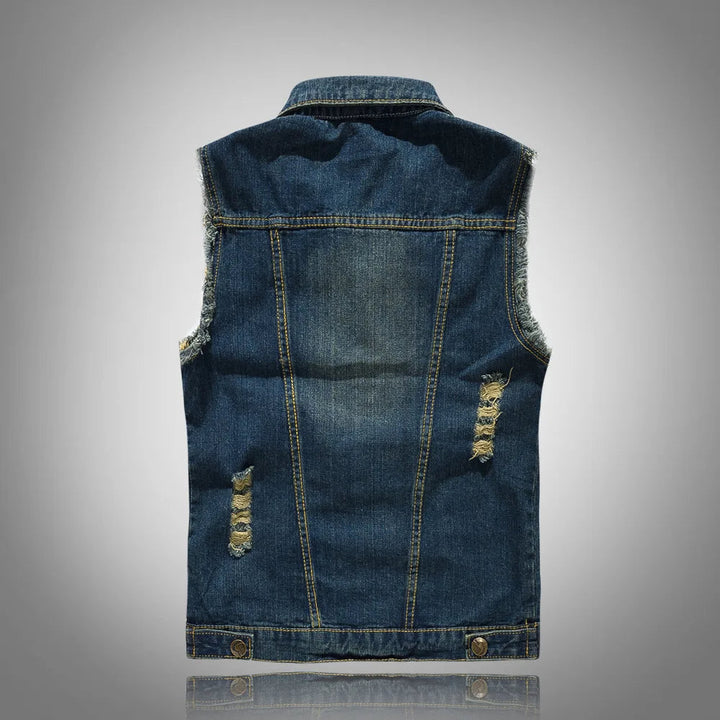 Rugged distressed denim vest, perfect for unisex streetwear and rocker fashion, with unique rips.