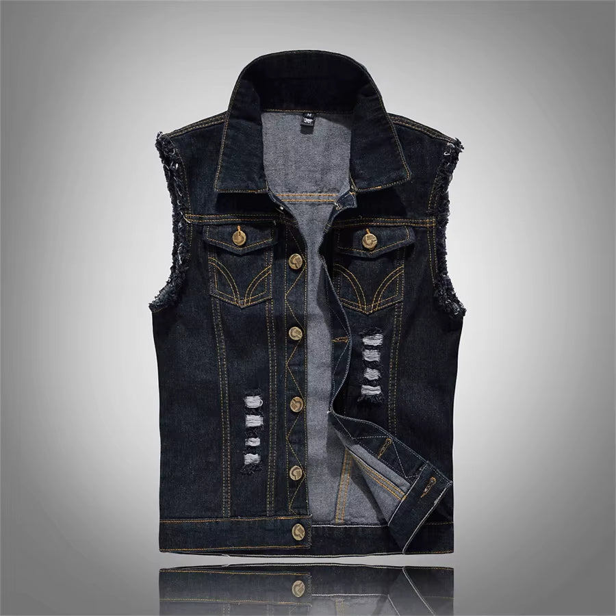Front view of a unisex distressed denim vest, a sleeveless jacket essential for edgy rocker style.