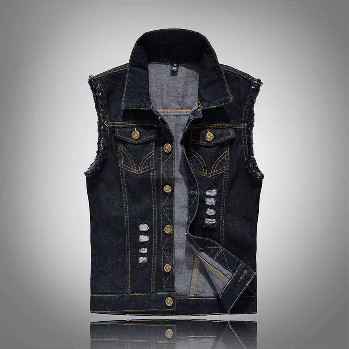 Front view of a unisex distressed denim vest, a sleeveless jacket essential for edgy rocker style.