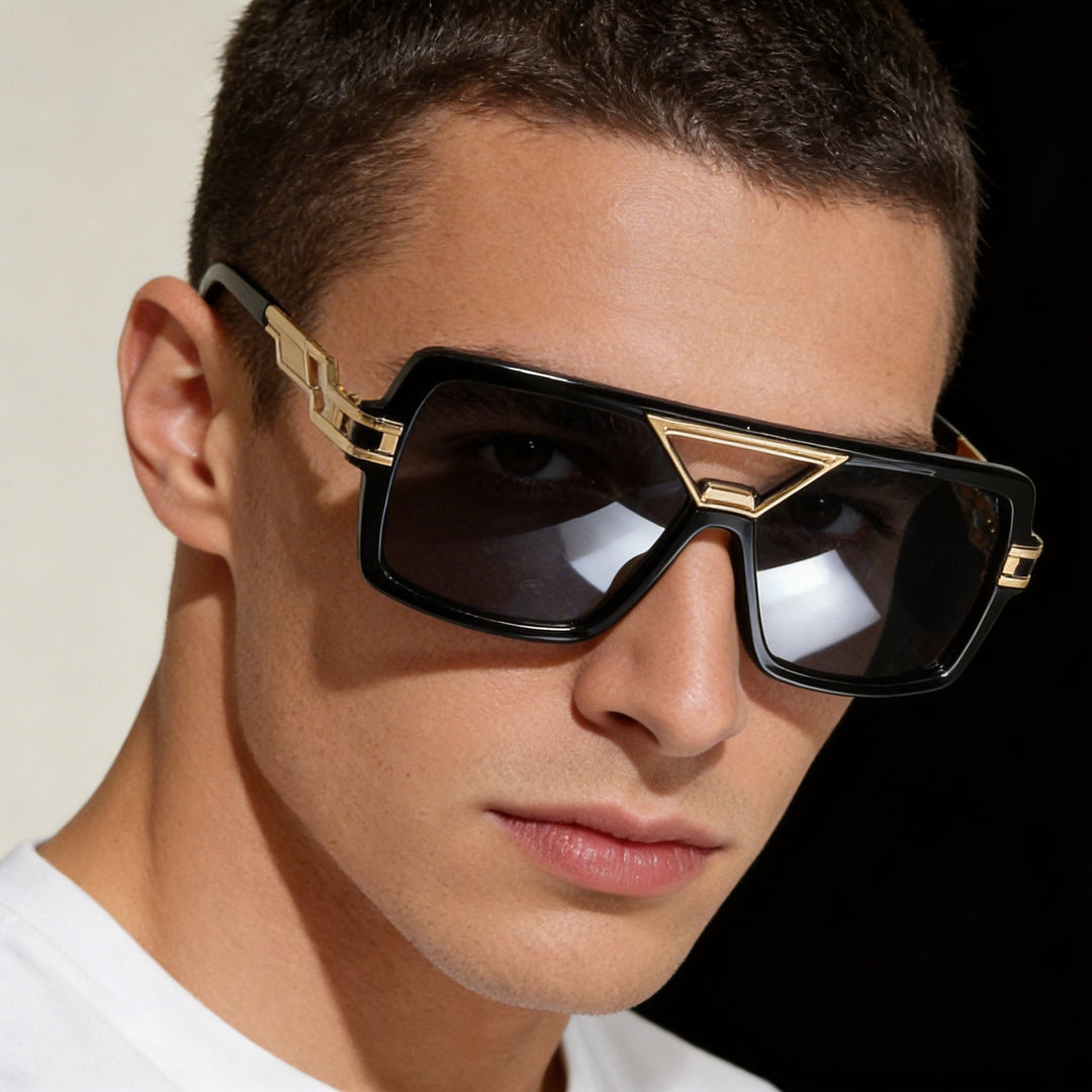 Contemporary double bridge sunglasses, versatile design for all genders, essential summer accessory.