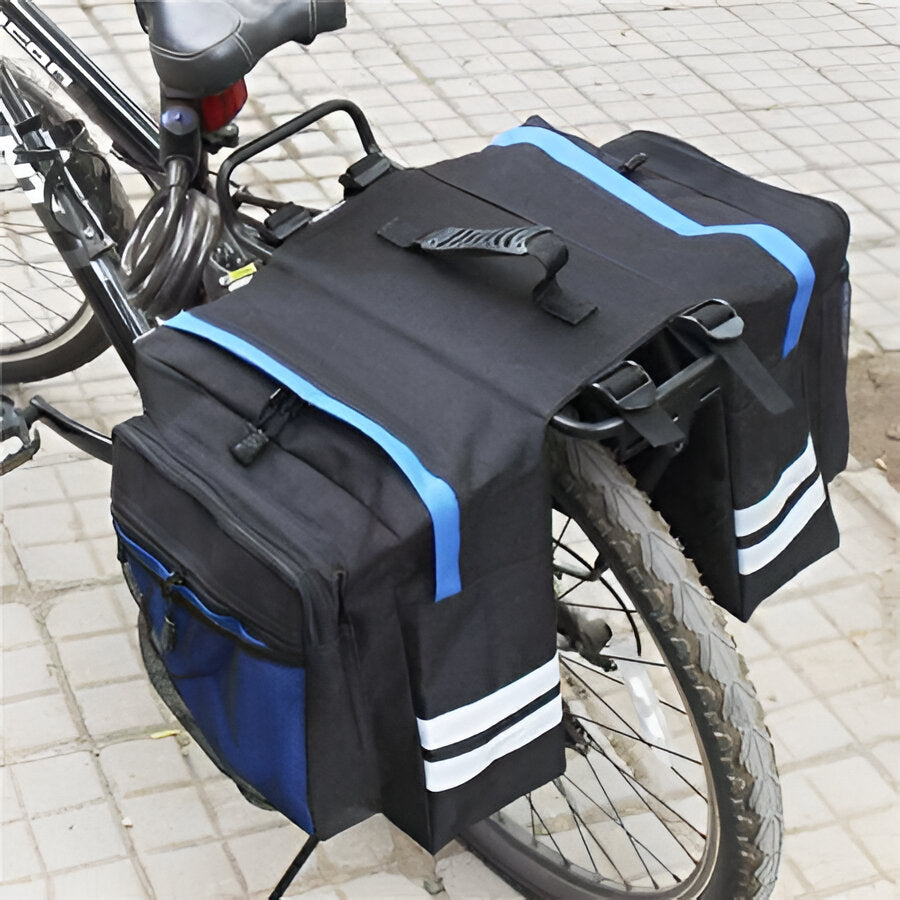 Unisex double pannier bike bag on rear rack, water-resistant, ideal for cycling, commuting & bicycle storage.
