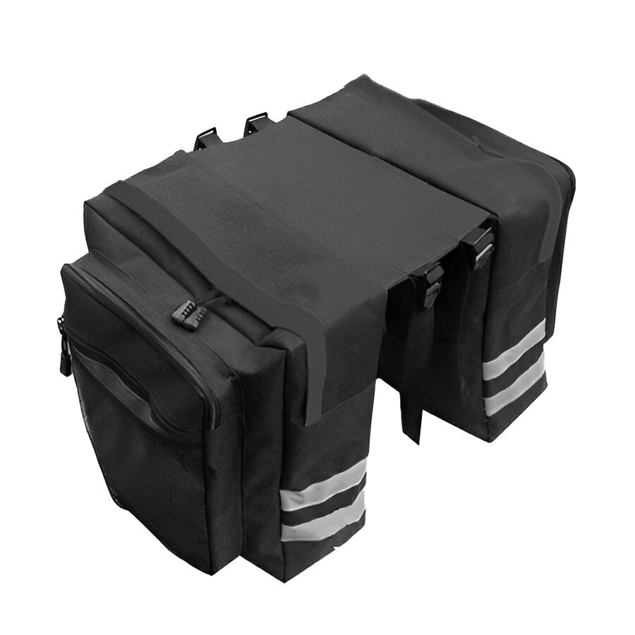 Secure double pannier bike bag mounted on rear rack, essential bike accessory for daily commutes & long rides.