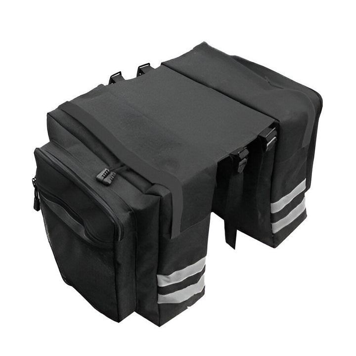 Secure double pannier bike bag mounted on rear rack, essential bike accessory for daily commutes & long rides.