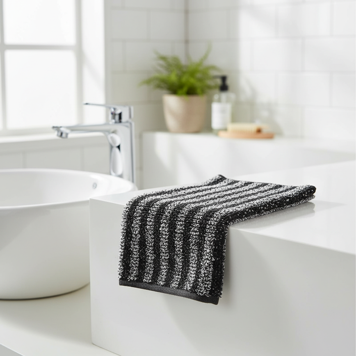 Unisex double-sided microfiber exfoliating body scrubber for full back cleansing.