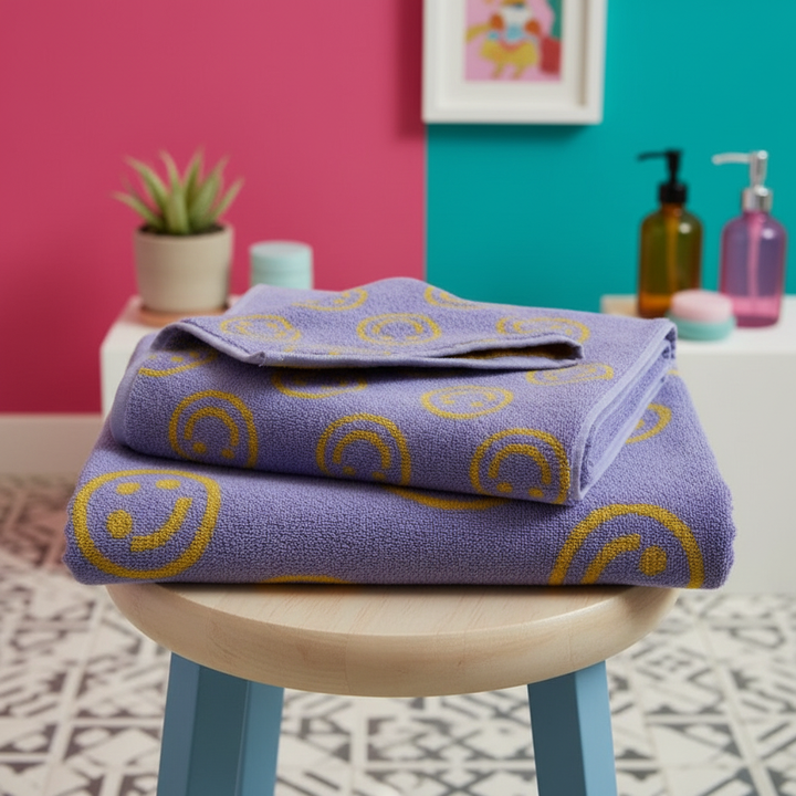 Unisex double-sided smiley cotton bath towel, soft and absorbent, for cheerful bathroom decor