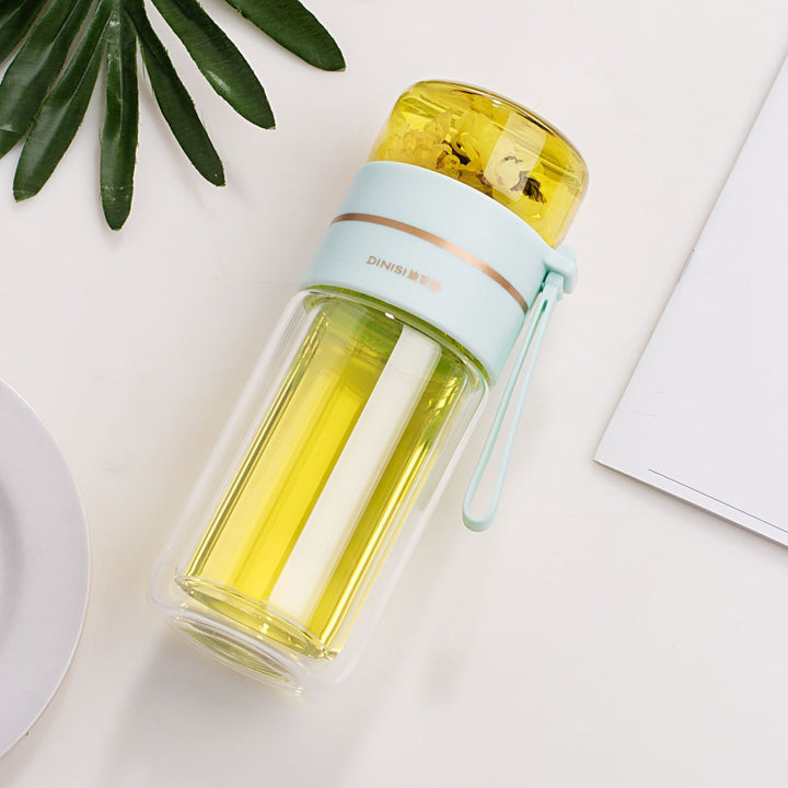Unisex double-walled glass water bottle with tea infuser. Insulated for hot & cold drinks. Portable.
