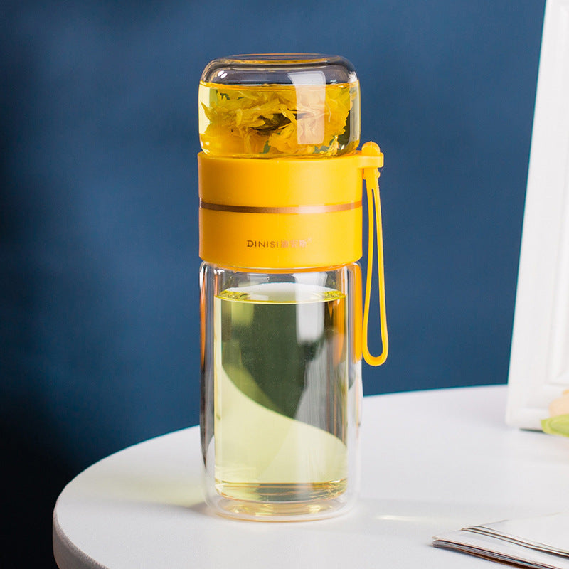 Unisex glass water bottle with double-wall insulation & removable tea infuser. Leak-proof design.