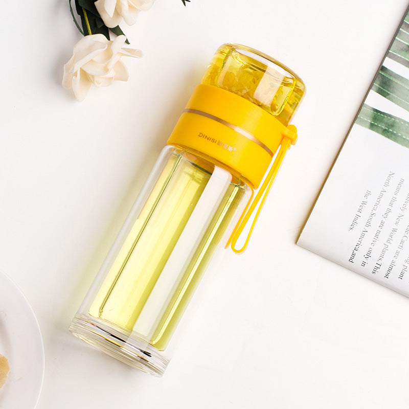 Insulated glass water bottle with tea infuser. Double-wall design for hot and cold beverages. Portable.