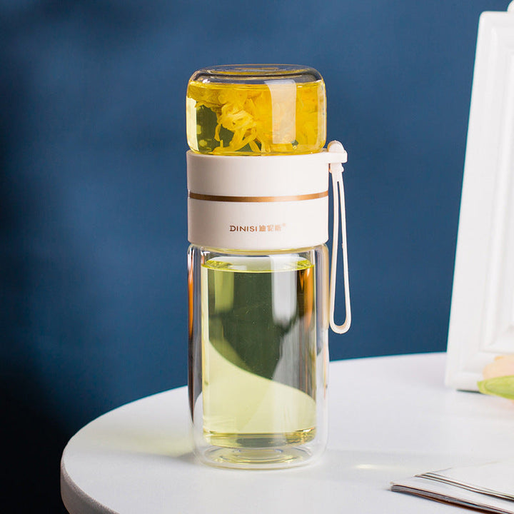 Sleek double-walled glass bottle for water & tea. Insulated, portable, and eco-conscious drinkware.