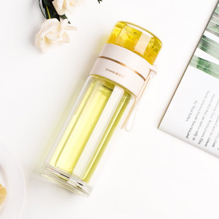 Stylish unisex double-walled glass water bottle with tea infuser. Keeps drinks hot or cold for hours.