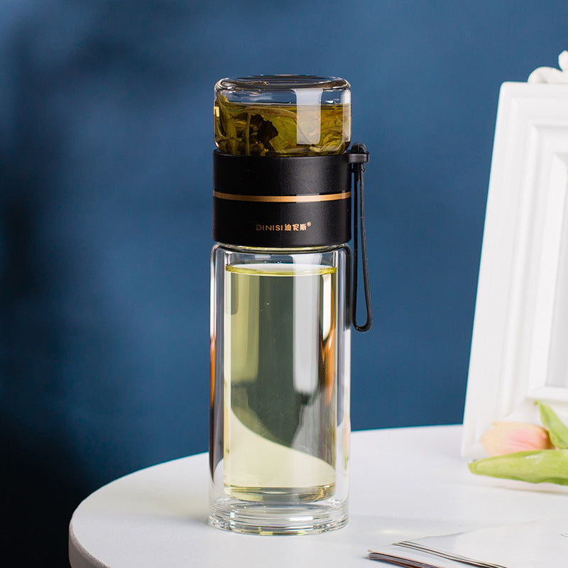 Full shot: Unisex double-walled glass water bottle with tea infuser. Eco-friendly, insulated, and portable.