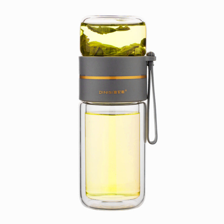 Versatile double-walled glass water bottle. Perfect for hot tea or refreshing cold fruit-infused water.