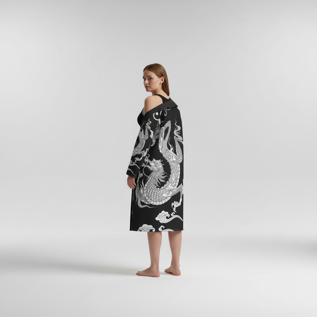 Stylish DragonCoat unisex robe featuring a unique full dragon print design, comfortable and versatile