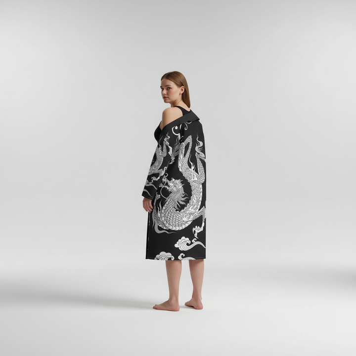 Stylish DragonCoat unisex robe featuring a unique full dragon print design, comfortable and versatile
