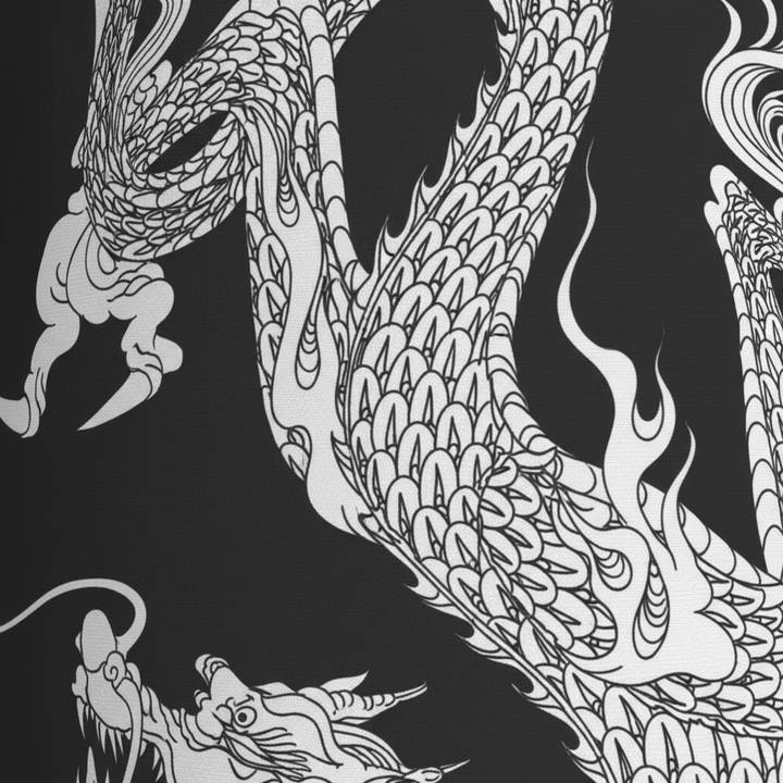 Close-up of the intricate dragon print on a lightweight unisex bathrobe, soft fabric detail