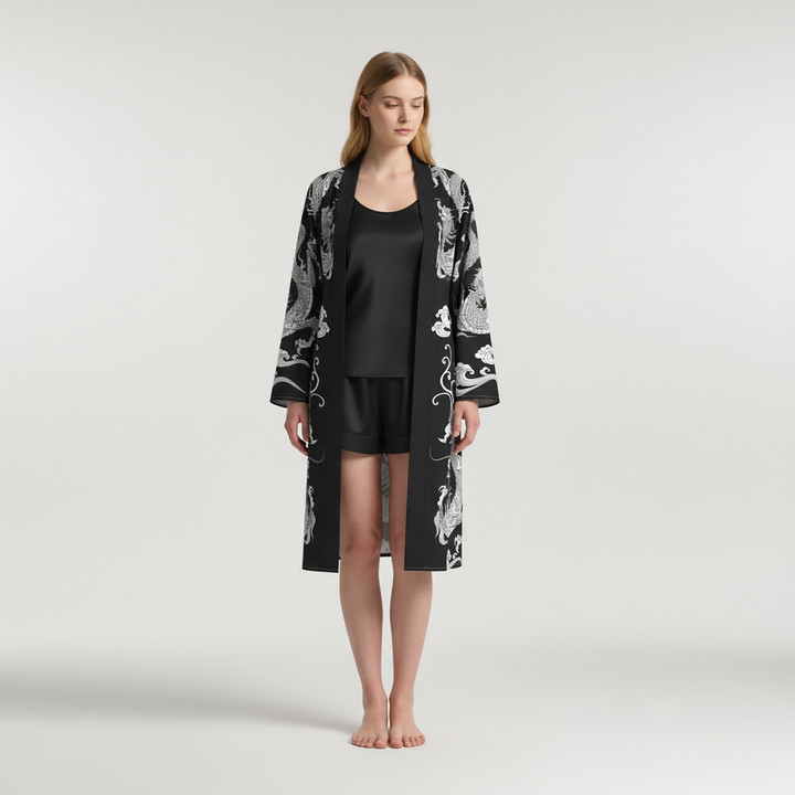 Full-length view of a model wearing the comfortable Unisex Dragon Print robe, perfect loungewear
