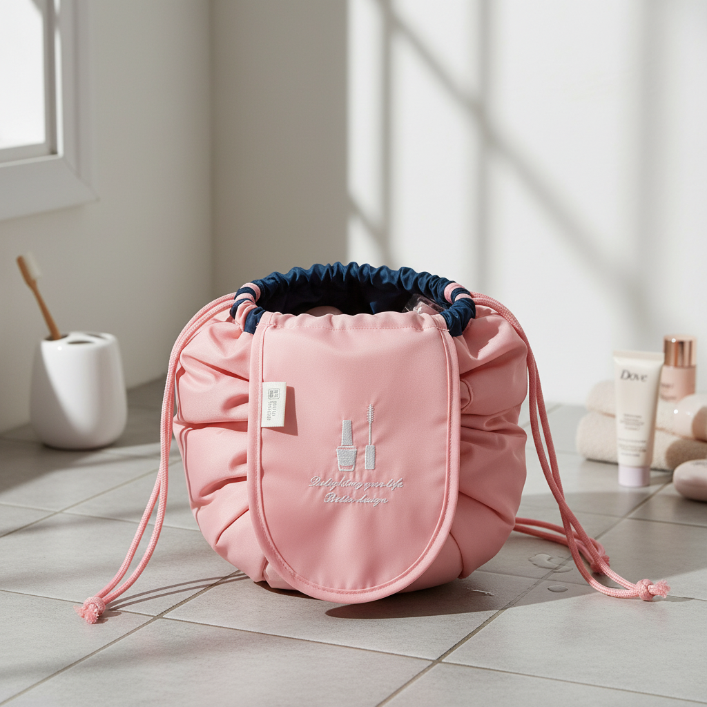 Unisex drawstring travel cosmetic bag, GlamPouch, open with makeup items spilling out, on a vanity.