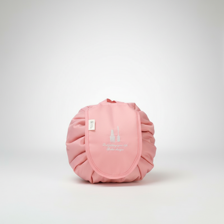 Unisex GlamPouch drawstring travel bag, waterproof, closed and cinched, on a white background.