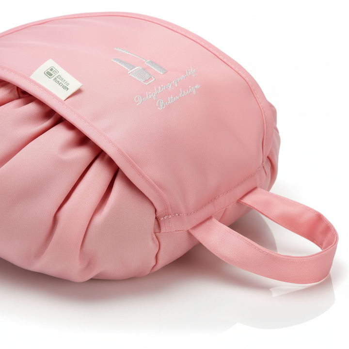 Korean-inspired style GlamPouch cosmetic bag, portable organizer, in a hand, ready for travel.