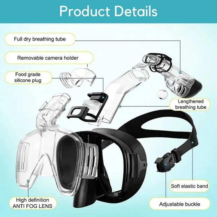 Unisex dry top snorkeling mask, great for swimming, diving, and all water sports.