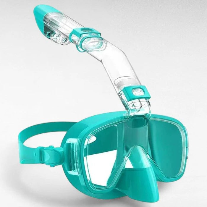 Snorkeling mask with dry top technology & anti-fog panoramic view for swimming.